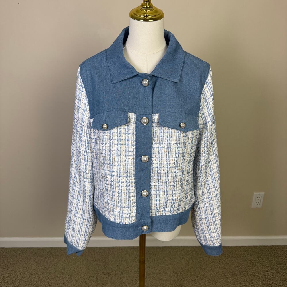 Nanette Lepore Tweed Jacket Denim Trim Boucle Pearl Buttons US Womens L New - Picture 2 of 11